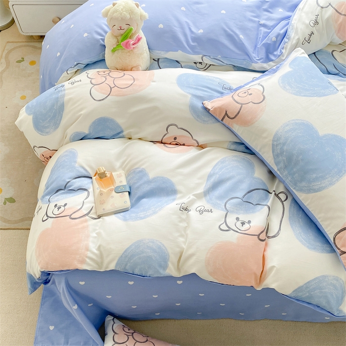 91家纺网 家纺一手货源 找家纺 本制 2024新款12868全棉印花四件套 彩色心愿-蓝