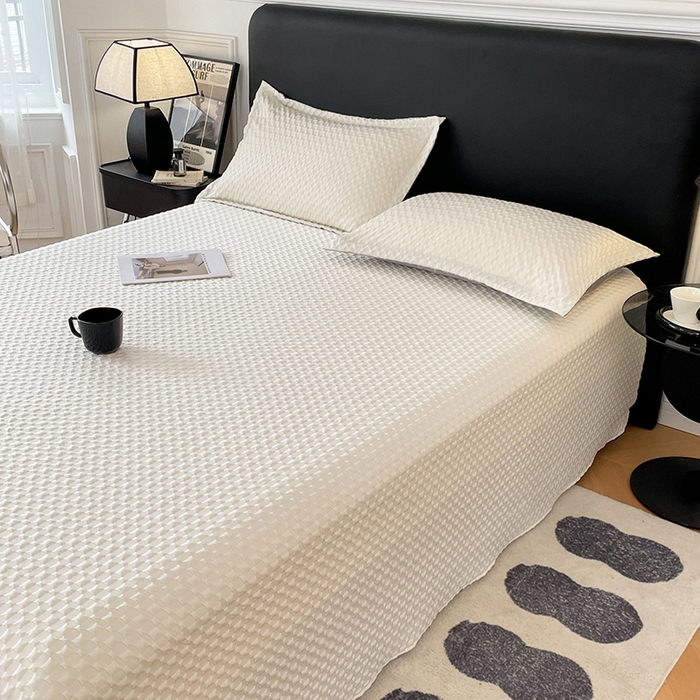 91家纺网 家纺一手货源 找家纺 梦舒羽 2025新款魔方格泡泡大提花床单华夫格床垫保护套床护垫 魔方格泡泡-珍珠白