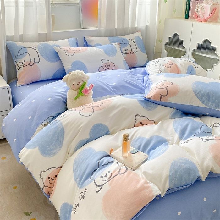 91家纺网 家纺一手货源 找家纺 本制 2024新款12868全棉印花四件套 彩色心愿-蓝