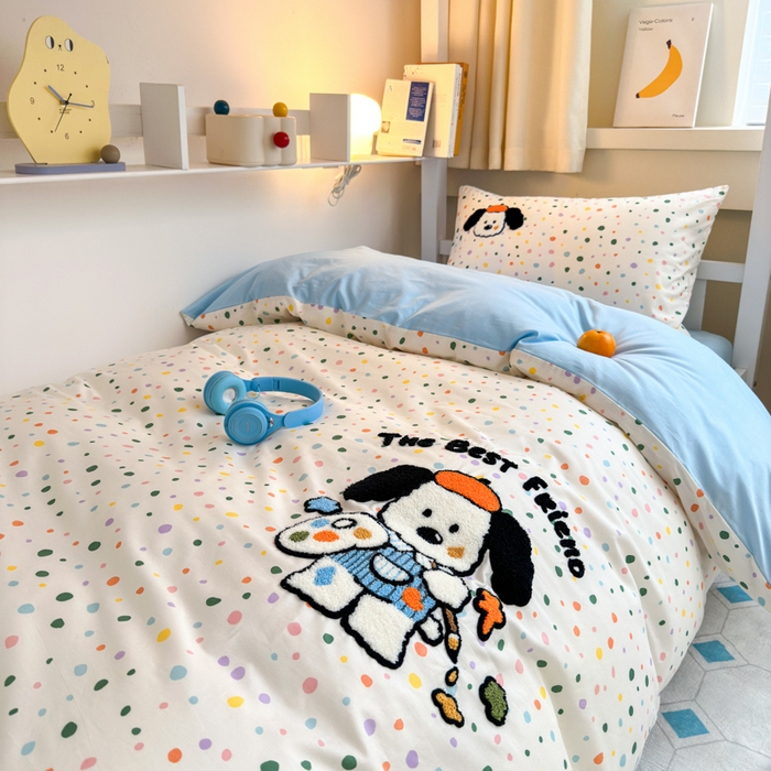 91家纺网 家纺一手货源 找家纺 锦觅 2024新款学生季全棉小清新绣花时尚复古卡通三件套四件套 小画家