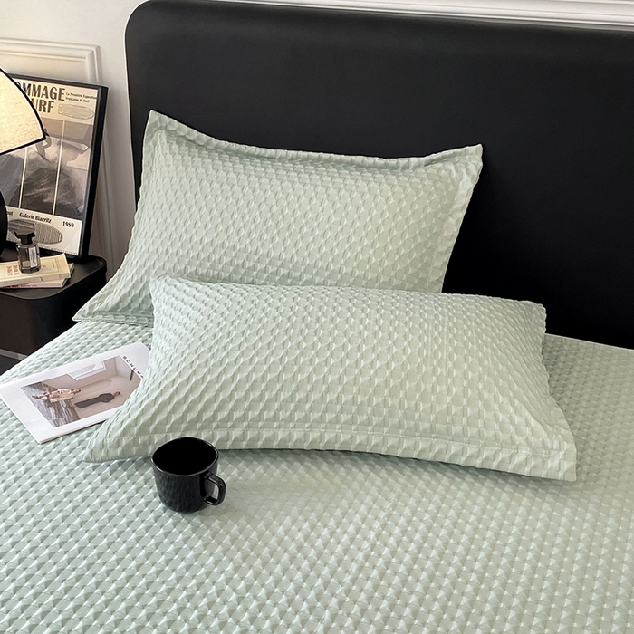 91家纺网 家纺一手货源 找家纺 梦舒羽 2025新款魔方格泡泡大提花床单华夫格床垫保护套床护垫 魔方格泡泡-云川绿