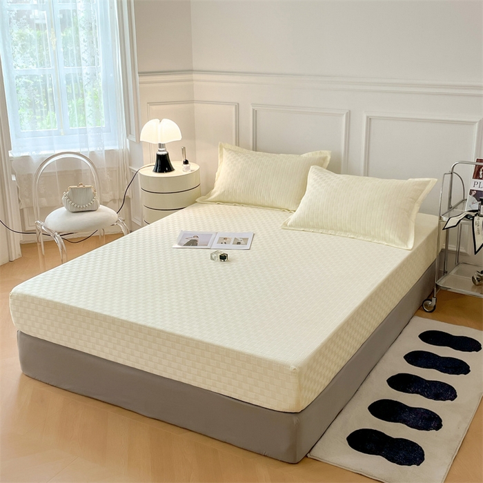 91家纺网 家纺一手货源 找家纺 梦舒羽 2025新款魔方格泡泡大提花床笠华夫格床垫保护套 华夫格纯色-奶油黄