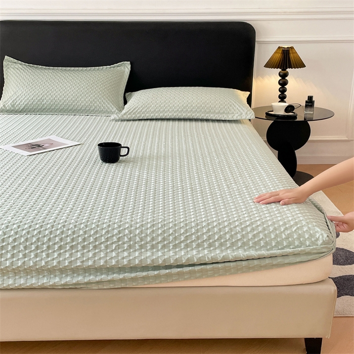 91家纺网 家纺一手货源 找家纺 梦舒羽 2025新款魔方格泡泡大提花床笠华夫格床垫保护套 魔方格泡泡-云川绿