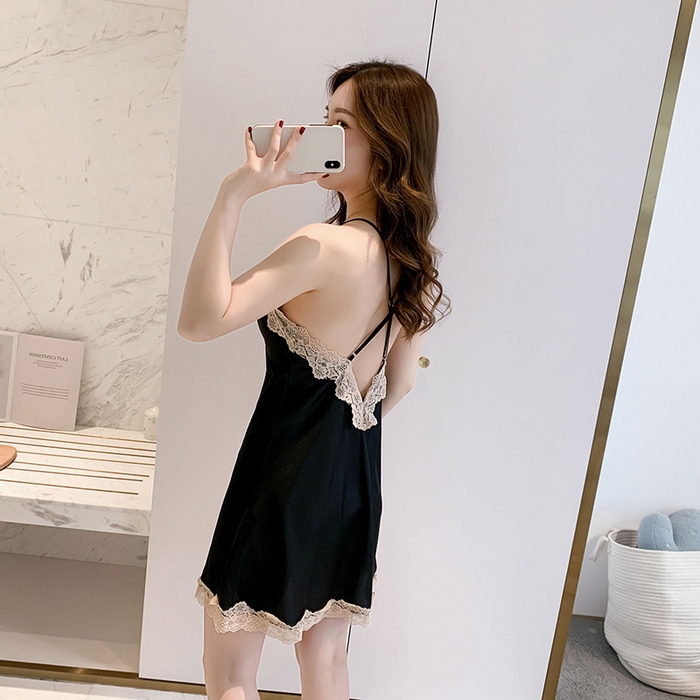 91家纺网 家纺一手货源 找家纺 （总）洛兰沙家居馆【只代发】【只代发】 2024新款冰丝绸性感睡衣女夏季薄款蕾丝美背开叉吊带睡裙睡袍两件套带胸垫软蕾丝两套