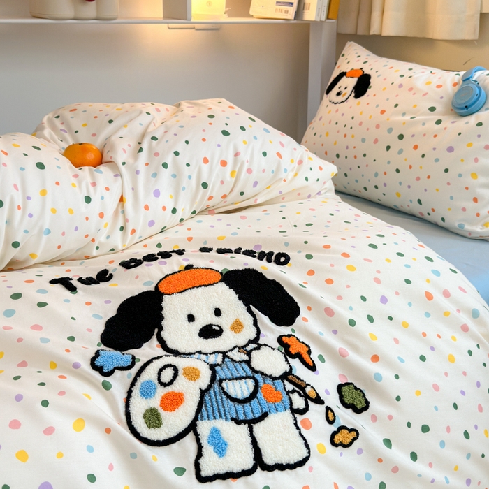 91家纺网 家纺一手货源 找家纺 锦觅 2024新款学生季全棉小清新绣花时尚复古卡通三件套四件套 小画家