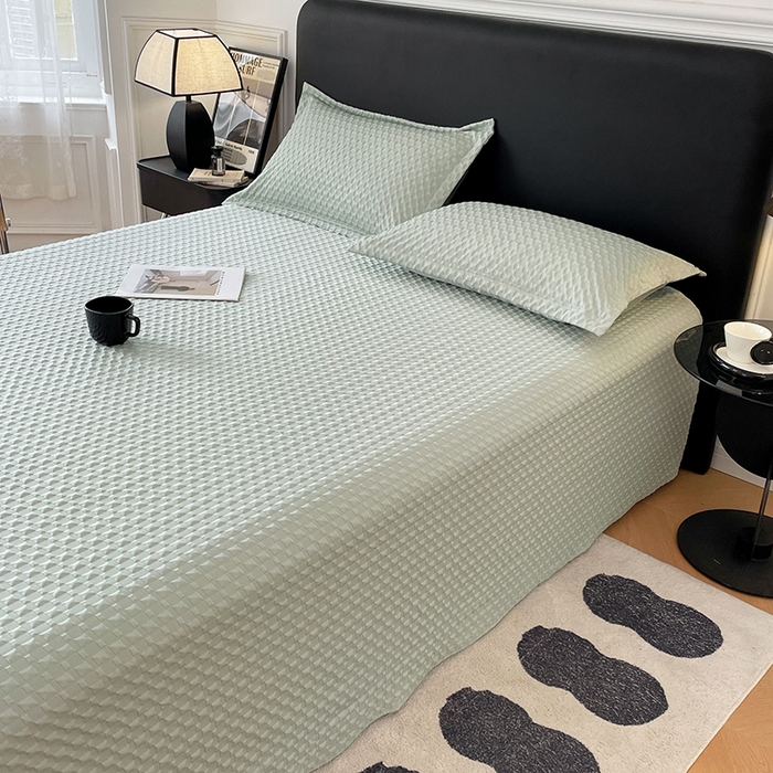 91家纺网 家纺一手货源 找家纺 梦舒羽 2025新款魔方格泡泡大提花床单华夫格床垫保护套床护垫 魔方格泡泡-云川绿