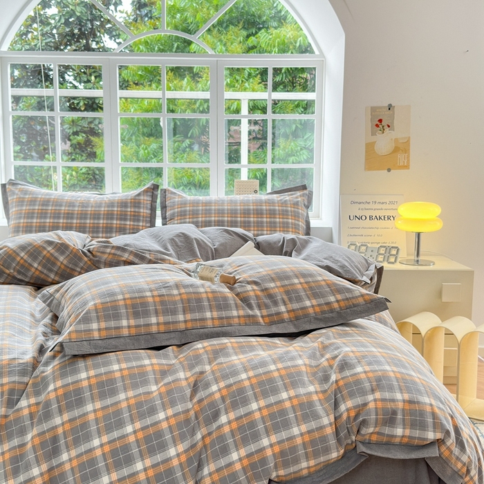 91家纺网 家纺一手货源 找家纺 晚依家纺 2025新款全棉色织水洗棉宽边断角四件套 小幸运-橙灰