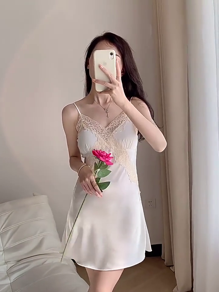 91家纺网 家纺一手货源 找家纺 （总）洛兰沙家居馆【只代发】【只代发】 2024新款睡衣睡裙女夏季冰丝薄款性感带胸垫吊带春夏家居服软蕾丝两件包邮