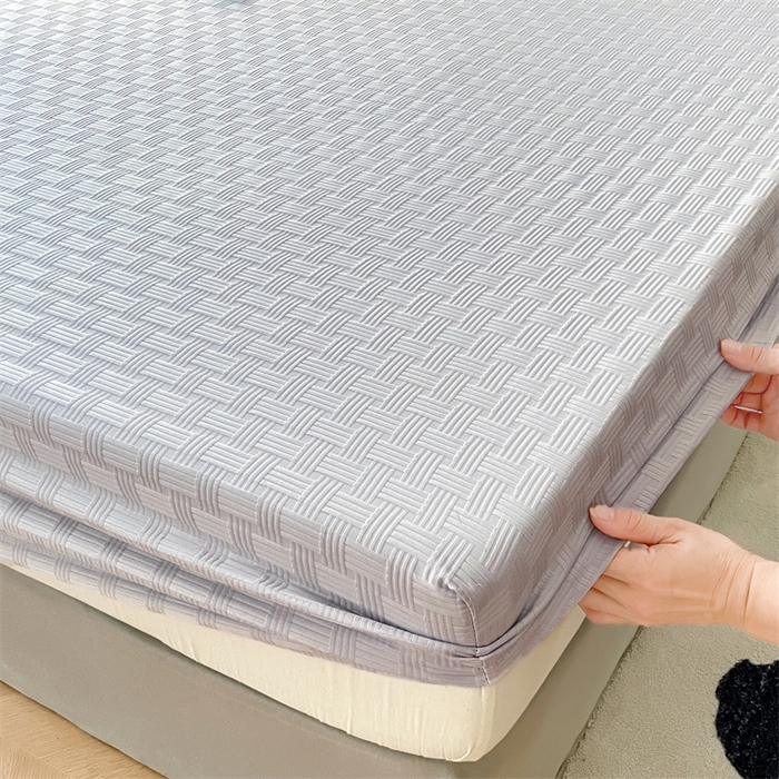 91家纺网 家纺一手货源 找家纺 梦舒羽 2025新款魔方格泡泡大提花床笠华夫格床垫保护套 华夫格纯色-浅灰色