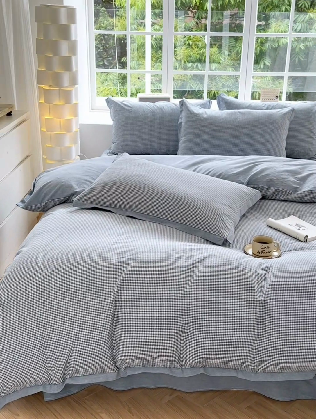 91家纺网 家纺一手货源 找家纺 晚依家纺 2025新款全棉色织水洗棉宽边断角四件套 爱的邂逅-蓝