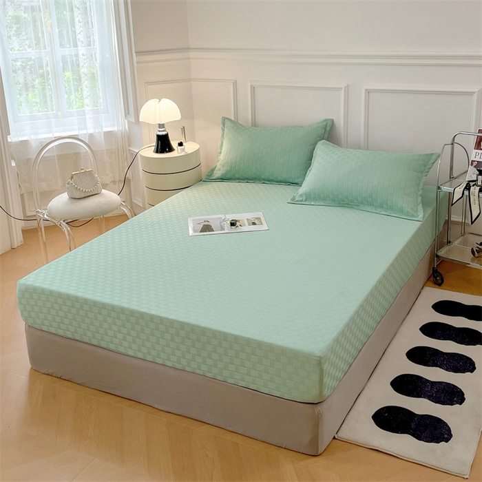 91家纺网 家纺一手货源 找家纺 梦舒羽 2025新款魔方格泡泡大提花床笠华夫格床垫保护套 华夫格纯色-青樱绿