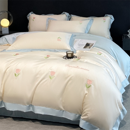 91家纺网 家纺一手货源 找家纺 眷恋家纺 2024新款水洗冰丝刺绣四件套-花卉系列 郁金香-奶昔白+天空蓝