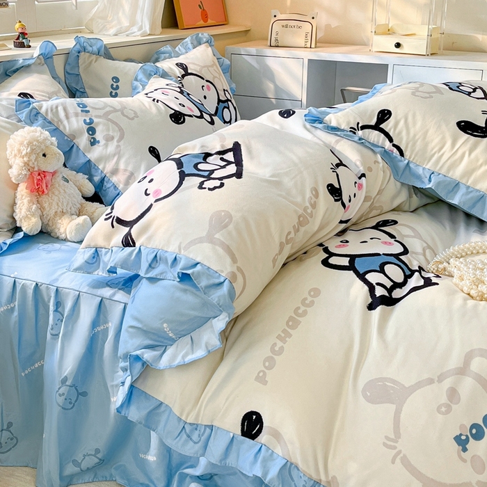 91家纺网 家纺一手货源 找家纺 上尚居 2024直播爆款卡通小清新韩版花边公主风水洗棉磨毛四件套 帕恰狗