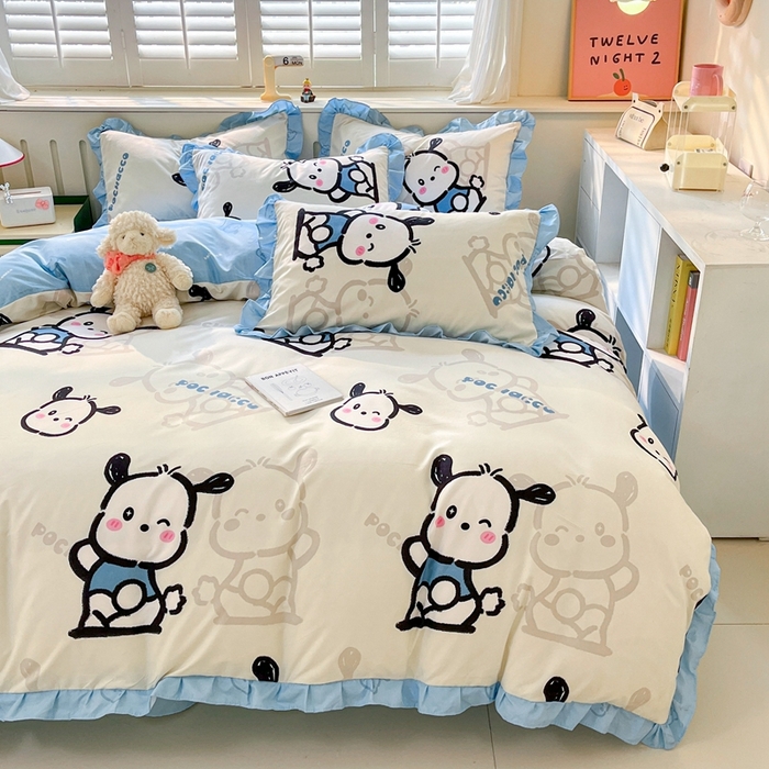 91家纺网 家纺一手货源 找家纺 上尚居 2024直播爆款卡通小清新韩版花边公主风水洗棉磨毛四件套 帕恰狗