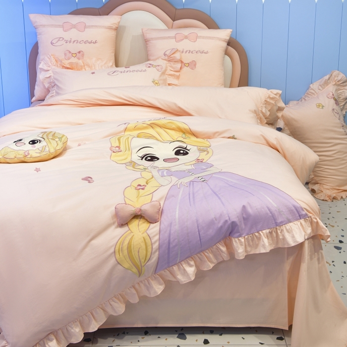 91家纺网 家纺一手货源 找家纺 佳梦家纺 2024新款40支全棉高端贴布绣卡通四件套 长发公主