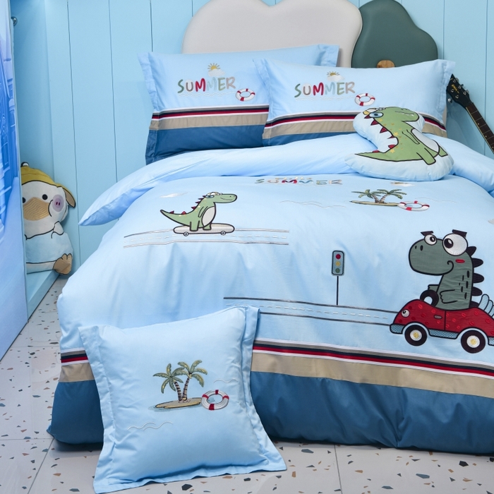 91家纺网 家纺一手货源 找家纺 佳梦家纺 2024新款40支全棉高端贴布绣卡通四件套 恐龙