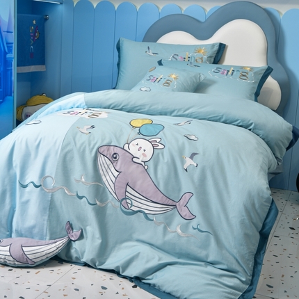 佳梦家纺 2024新款40支全棉高端贴布绣卡通四件套 鲸鱼