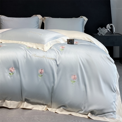眷恋家纺 2024新款水洗冰丝刺绣四件套-花卉系列 手捧花-天空蓝+奶昔白