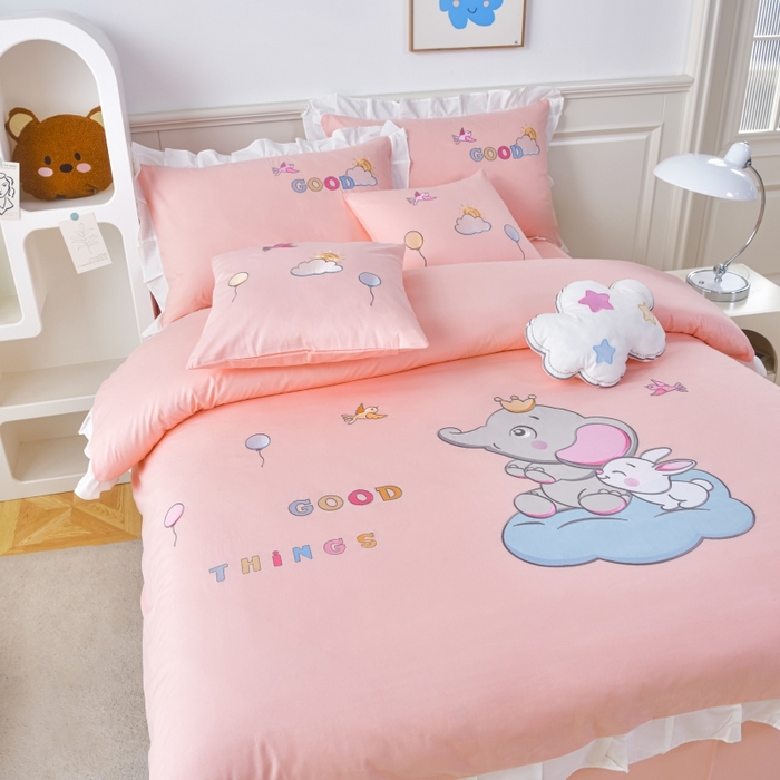 91家纺网 家纺一手货源 找家纺 佳梦家纺 2024新款40支全棉高端贴布绣卡通四件套 大象