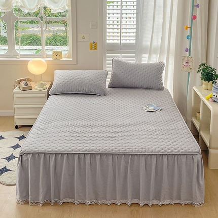 恩和家纺 2024新款米粒纹亲肤夹棉蕾丝床笠款床裙 浅灰