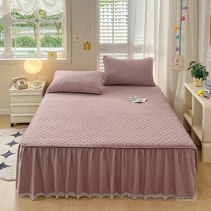 恩和家纺 2024新款米粒纹亲肤夹棉蕾丝床笠款床裙 豆沙