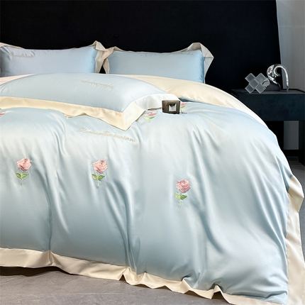 眷恋家纺 2024新款水洗冰丝刺绣四件套-花卉系列 手捧花-梵星蓝+奶昔白