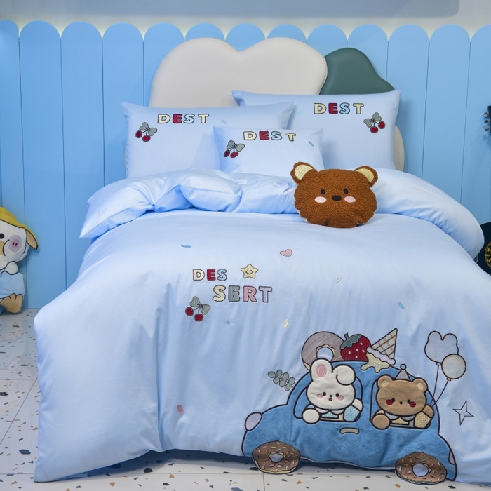 91家纺网 家纺一手货源 找家纺 佳梦家纺 2024新款40支全棉轻熟贴布绣卡通四套件 快乐之旅