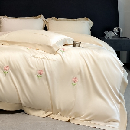 眷恋家纺 2024新款水洗冰丝刺绣四件套-花卉系列 手捧花-奶昔白+奶茶
