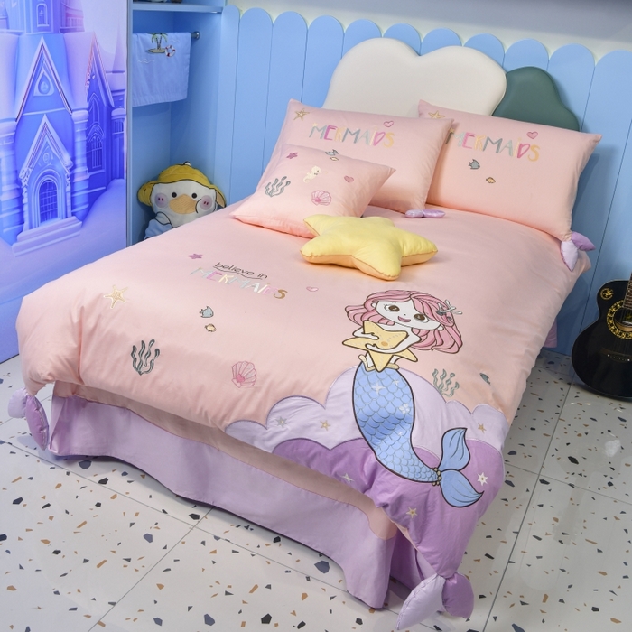 91家纺网 家纺一手货源 找家纺 佳梦家纺 2024新款40支全棉高端贴布绣卡通四件套 美人鱼