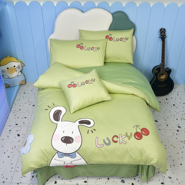 91家纺网 家纺一手货源 找家纺 佳梦家纺 2024新款40支全棉轻熟贴布绣卡通四套件 咻狗