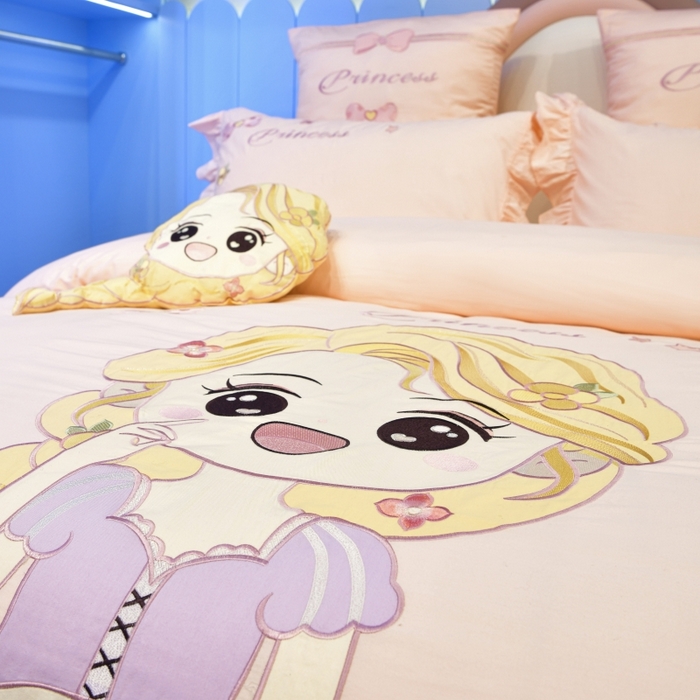 91家纺网 家纺一手货源 找家纺 佳梦家纺 2024新款40支全棉高端贴布绣卡通四件套 长发公主