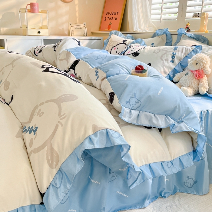 91家纺网 家纺一手货源 找家纺 上尚居 2024直播爆款卡通小清新韩版花边公主风水洗棉磨毛四件套 帕恰狗