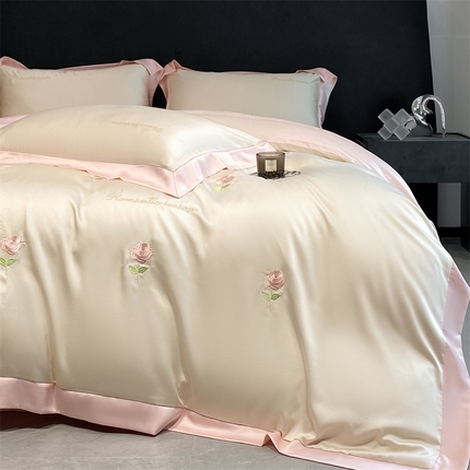 眷恋家纺 2024新款水洗冰丝刺绣四件套-花卉系列 手捧花-梧桐杏+奶油粉