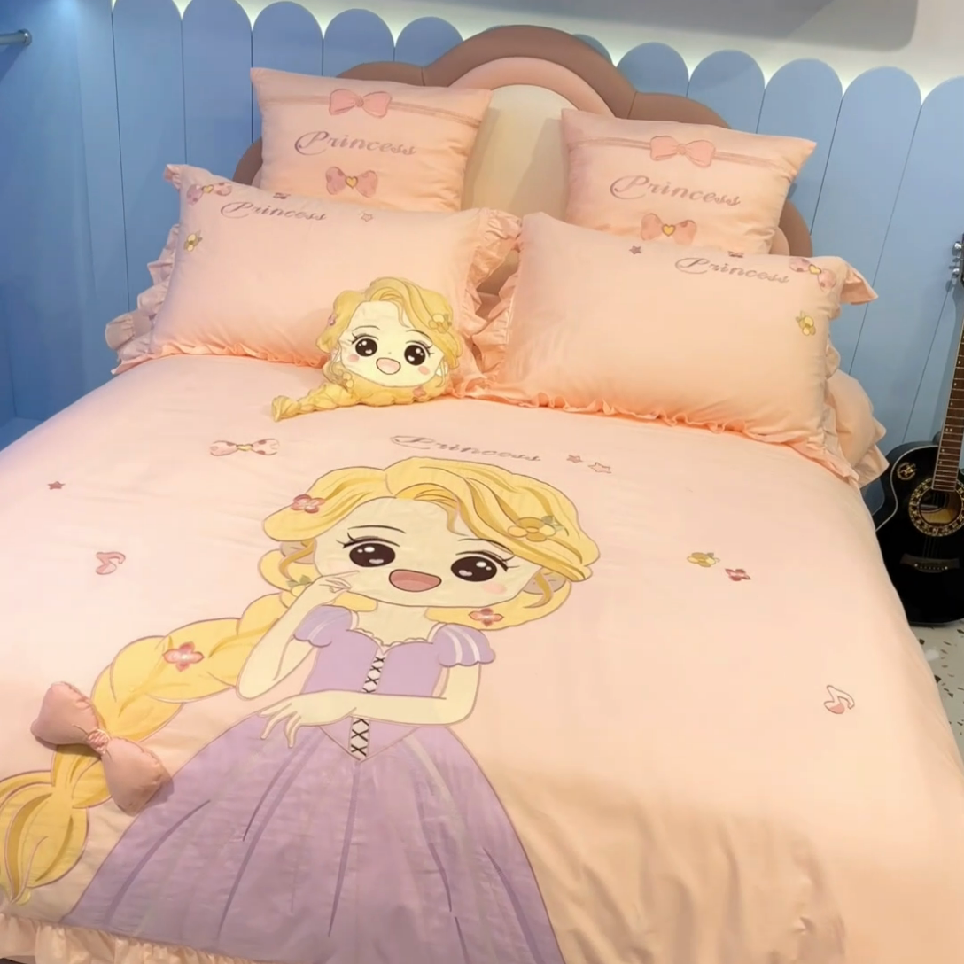 91家纺网 家纺一手货源 找家纺 佳梦家纺 2024新款40支全棉高端贴布绣卡通四件套 长发公主