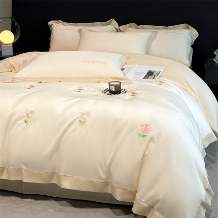 91家纺网 家纺一手货源 找家纺 眷恋家纺 2024新款水洗冰丝刺绣四件套-花卉系列 手捧花-奶昔白+奶茶