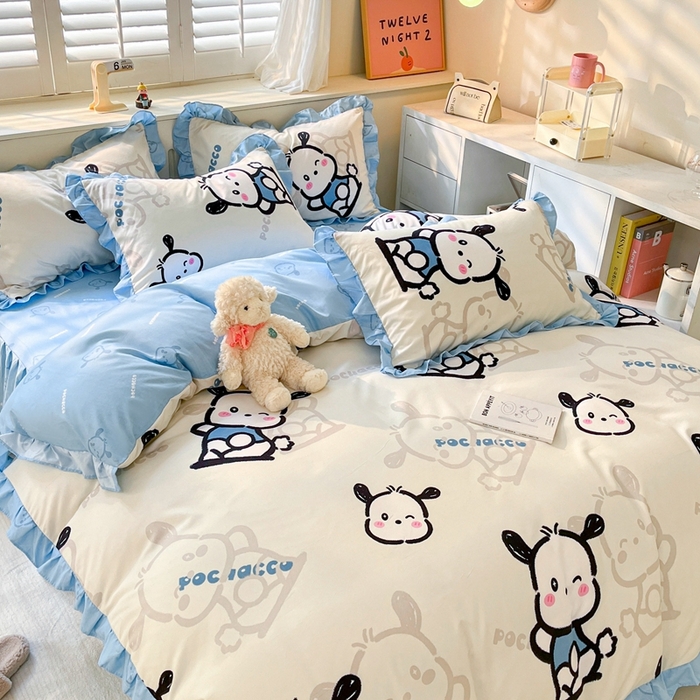 91家纺网 家纺一手货源 找家纺 上尚居 2024直播爆款卡通小清新韩版花边公主风水洗棉磨毛四件套 帕恰狗