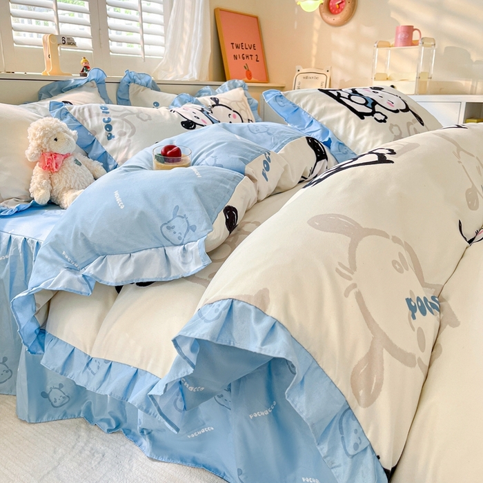 91家纺网 家纺一手货源 找家纺 上尚居 2024直播爆款卡通小清新韩版花边公主风水洗棉磨毛四件套 帕恰狗