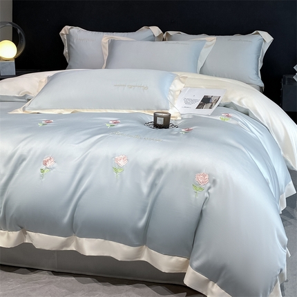 91家纺网 家纺一手货源 找家纺 眷恋家纺 2024新款水洗冰丝刺绣四件套-花卉系列 手捧花-天空蓝+奶昔白