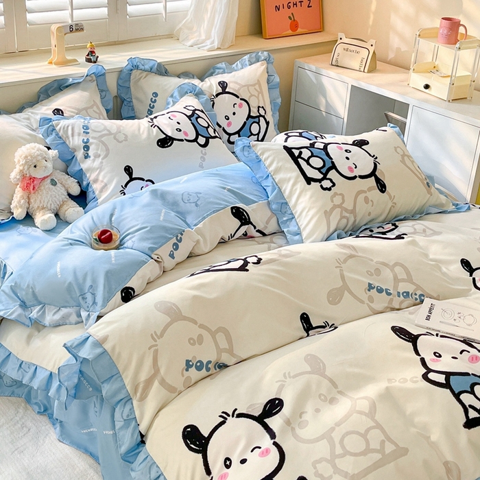 91家纺网 家纺一手货源 找家纺 上尚居 2024直播爆款卡通小清新韩版花边公主风水洗棉磨毛四件套 帕恰狗