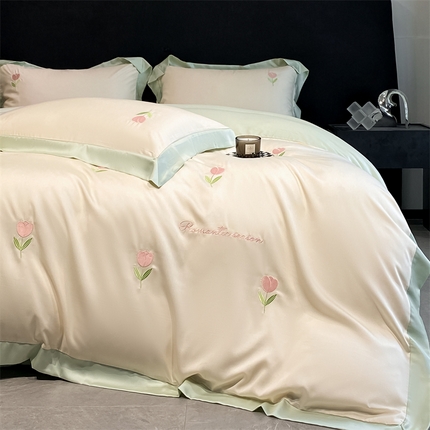 眷恋家纺 2024新款水洗冰丝刺绣四件套-花卉系列 郁金香-奶昔白+水果清香