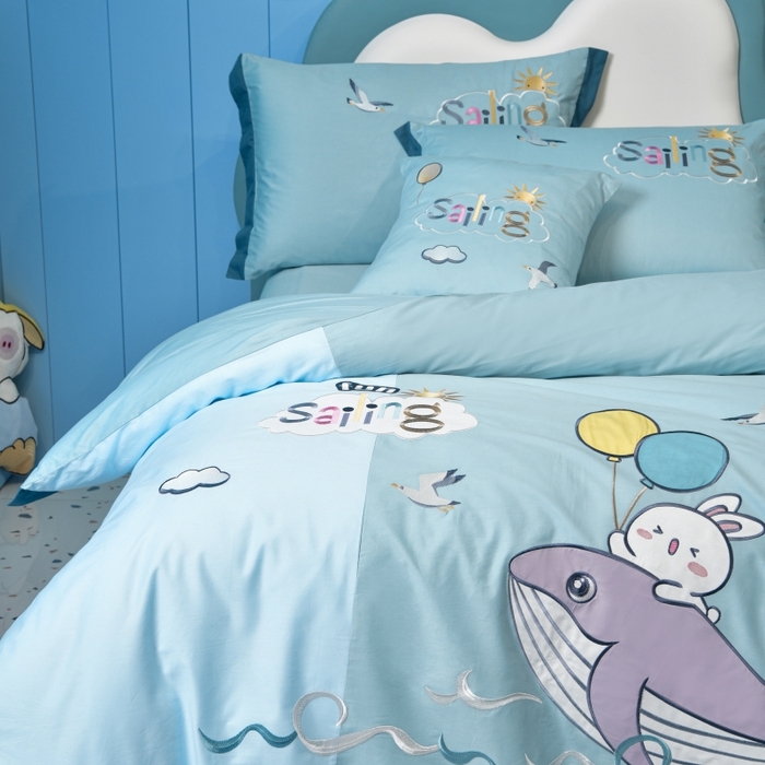 91家纺网 家纺一手货源 找家纺 佳梦家纺 2024新款40支全棉高端贴布绣卡通四件套 鲸鱼