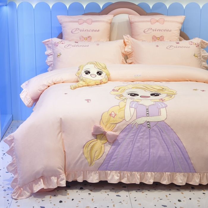 91家纺网 家纺一手货源 找家纺 佳梦家纺 2024新款40支全棉高端贴布绣卡通四件套 长发公主