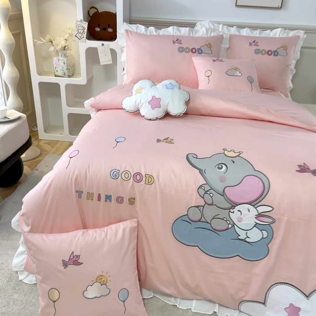 91家纺网 家纺一手货源 找家纺 佳梦家纺 2024新款40支全棉高端贴布绣卡通四件套 大象