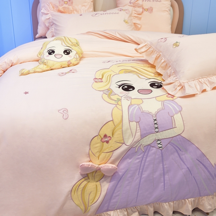 91家纺网 家纺一手货源 找家纺 佳梦家纺 2024新款40支全棉高端贴布绣卡通四件套 长发公主