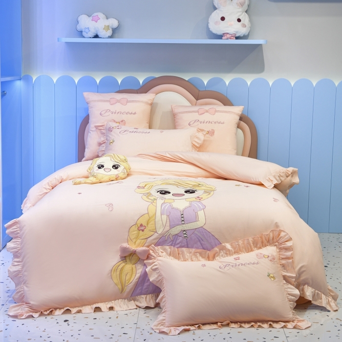 91家纺网 家纺一手货源 找家纺 佳梦家纺 2024新款40支全棉高端贴布绣卡通四件套 长发公主