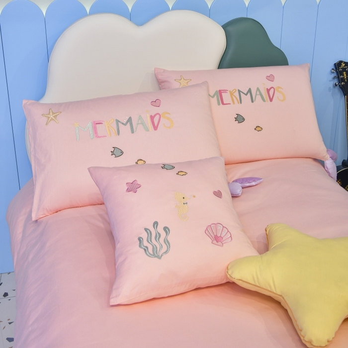 91家纺网 家纺一手货源 找家纺 佳梦家纺 2024新款40支全棉高端贴布绣卡通四件套 美人鱼