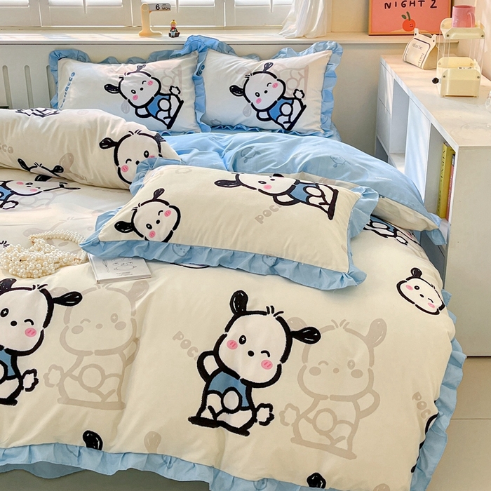 91家纺网 家纺一手货源 找家纺 上尚居 2024直播爆款卡通小清新韩版花边公主风水洗棉磨毛四件套 帕恰狗