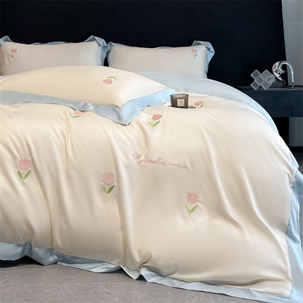 眷恋家纺 2024新款水洗冰丝刺绣四件套-花卉系列 郁金香-奶昔白+天空蓝