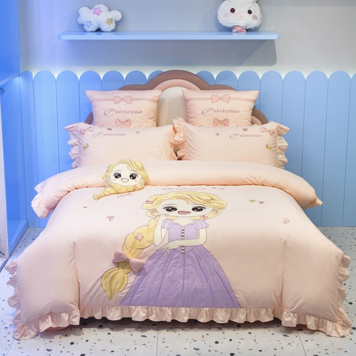 91家纺网 家纺一手货源 找家纺 佳梦家纺 2024新款40支全棉高端贴布绣卡通四件套 长发公主