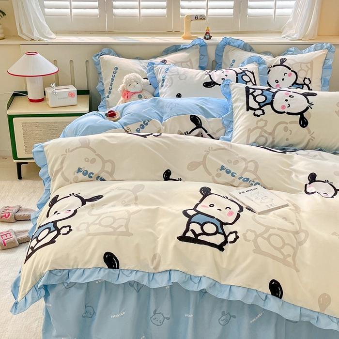 91家纺网 家纺一手货源 找家纺 上尚居 2024直播爆款卡通小清新韩版花边公主风水洗棉磨毛四件套 帕恰狗